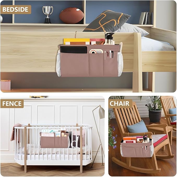 KOPIRIT Light Brown Bedside Caddy Storage Bag Bedside Organizer for Dorm Room Top Bunk Bed Hanging Storage Organizer 6 Pockets with Hooks for Magazine Water Bottle Holder