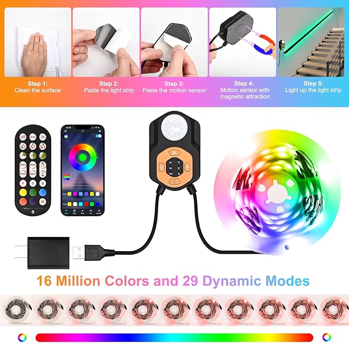 Motion Sensor LED Light Strip 19.68ft 3M*2 Sets Under Bed Lights |3 Modes |Music Sync |Timer | RGB Color Changing |Remote & App Control |Dimmable Motion Activated LED Night Light for Bedroom Cabinet