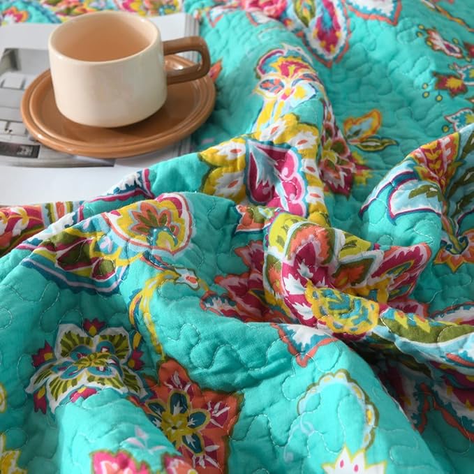 Cotton Bedspread Quilt Sets Reversible Bedding Coverlet Sets Comforter Paisley Floral Bedspread (Green Vintage Floral, King Size)