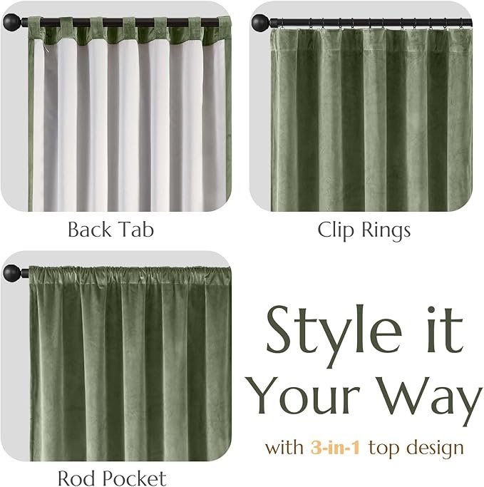 Lazzzy Green Blackout Velvet Curtains 96 Inches Long Thermal Insulated Room Darkening Lined Curtain Drapes Luxury Back Tab Window Treatments for Bedroom Living Room 2 Panels, 52 x 96 Inch, Olive Sage