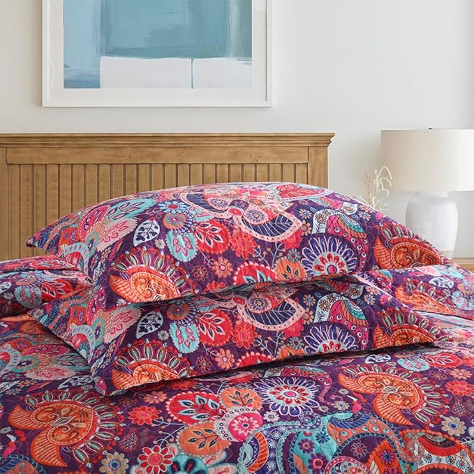Cotton Bedspread Quilt Sets Reversible Bedding Coverlet Sets Comforter Paisley Floral Bohemian Bedspread,Bohemian Red Gorgeous Pattern,Queen Size