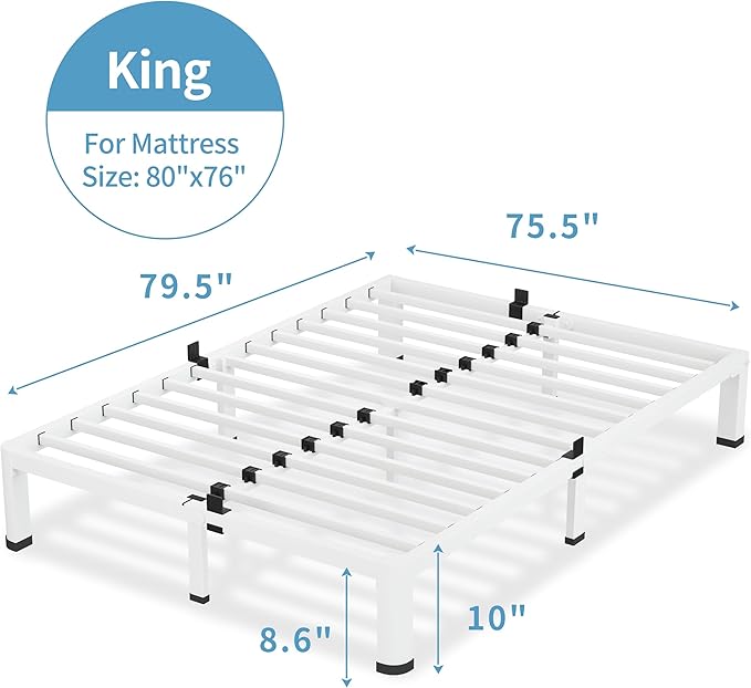 10 Inch White King Size Bed Frame, 3500Lbs Heavy Duty Metal Platform with Round Corner Legs Mattress Slide Stopper, Steel Slat Support No Box Spring Needed, Noise Free, Non-Slip, Easy Assembly