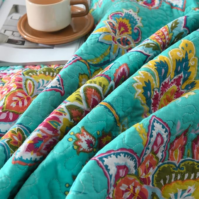 Cotton Bedspread Quilt Sets Reversible Bedding Coverlet Sets Comforter Paisley Floral Bedspread (Green Vintage Floral, King Size)