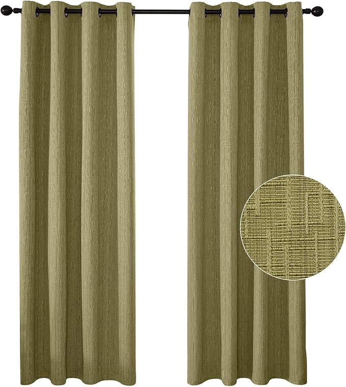 Jacquard Linen Curtains 84 inch Length 2 Panels Thick Faux Linen Blended Window Drapes Burlap Textured Curtains with Grommet for Living Room Bedroom Farmhouse (52x84 Olive Green) Natural