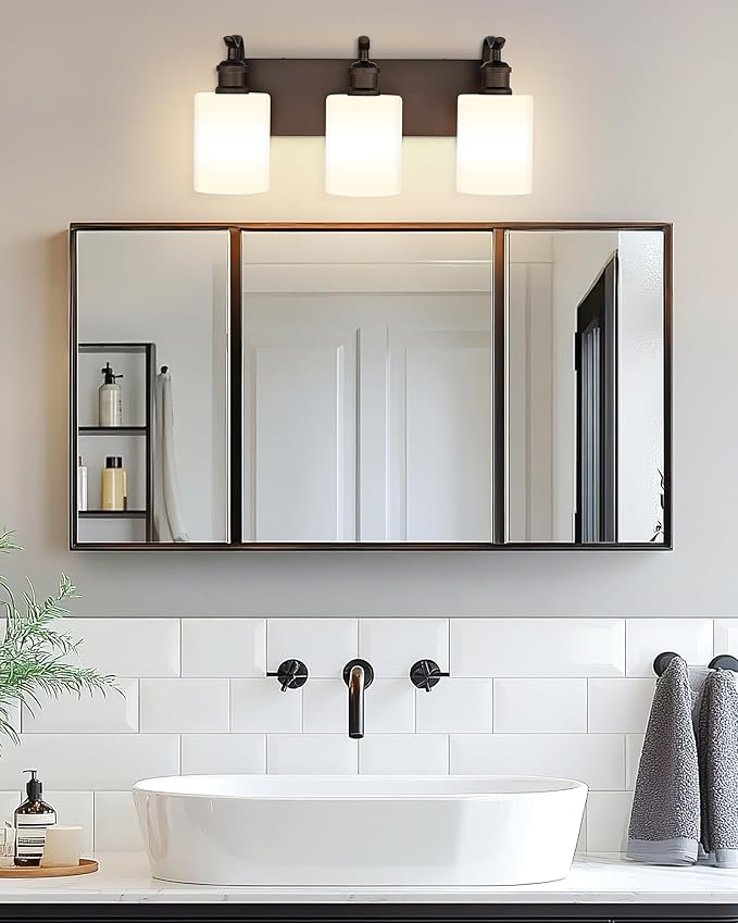 3 Light Bathroom Vanity Light, Morden Vanity Lighting Fixtures Over Mirror Oil Rubbed Bronze Bathroom Sconces Wall Lighting with Milky White Frosted Shade ZCVL01ORBW-3