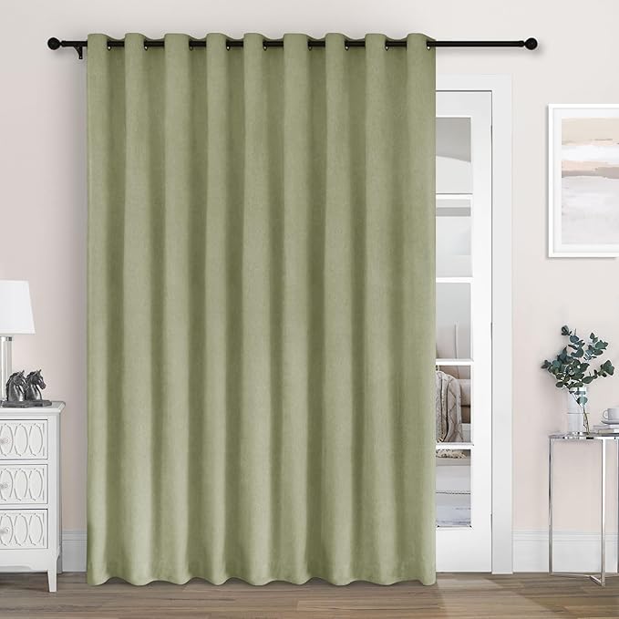 Macochico 100" Wx84 L Green Tint Full Blackout Curtains for Sliding Door, Thermal Insulated Drapery for Living Room Bedroom Windows Patio Door, Modern Chenille Grommet Curtains with Tieback 1 Panel