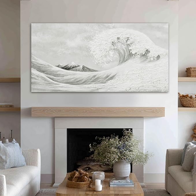YETHEN WAL Neutral Grey & White Wave Wall Art – Textured Minimalist Canvas Print, Modern Coastal Decor for Hallway Entryway Bedroom, 20×40 Inch