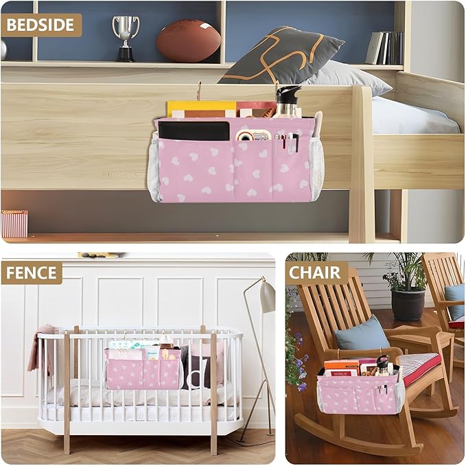 Bedside Caddy Hanging Bunk Bed Caddy Bed Organizer Hanging Pocket with 2 Hooks Bedside Storage Organizer Pocket Bag Holder Heart Pink