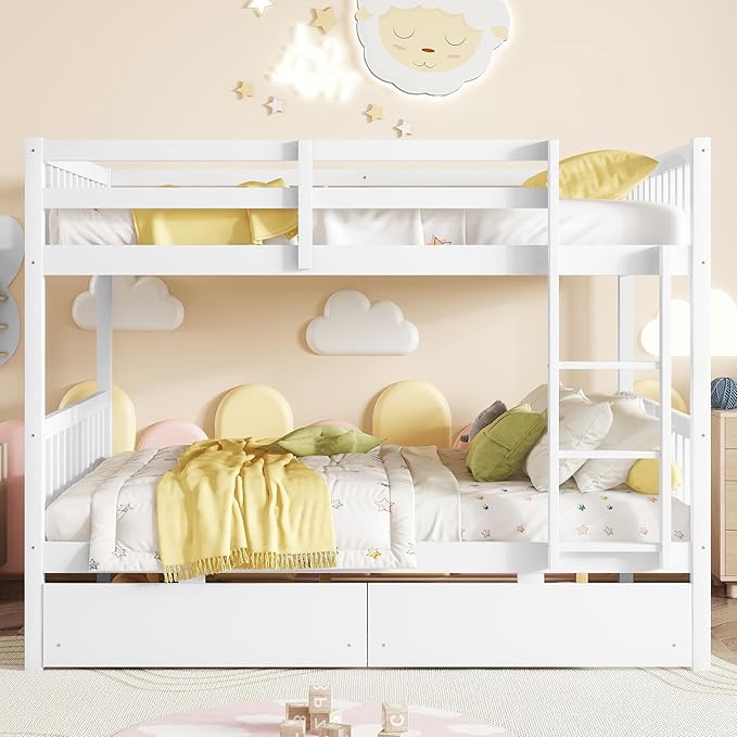 Full Over Full Bunk Bed with Storage Drawers,Convertible Bunk Beds with Ladder & Safety Guardrails,Full Size Bunk Beds for Kids Girls Boys,White