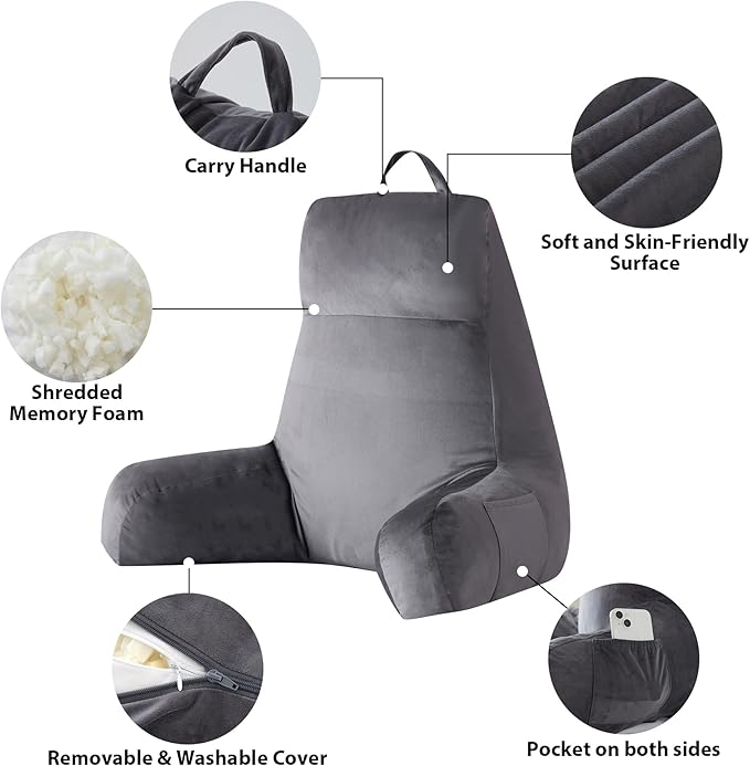 IPYNBAP Reading Pillow with Arms for Adult, Back Pillow for Bed Sitting Up, Shredded Memory Foam Backrest Pillow with Pockets & Removable Washable Cover, Lounging, Watching TV, Reading(24inch Grey)
