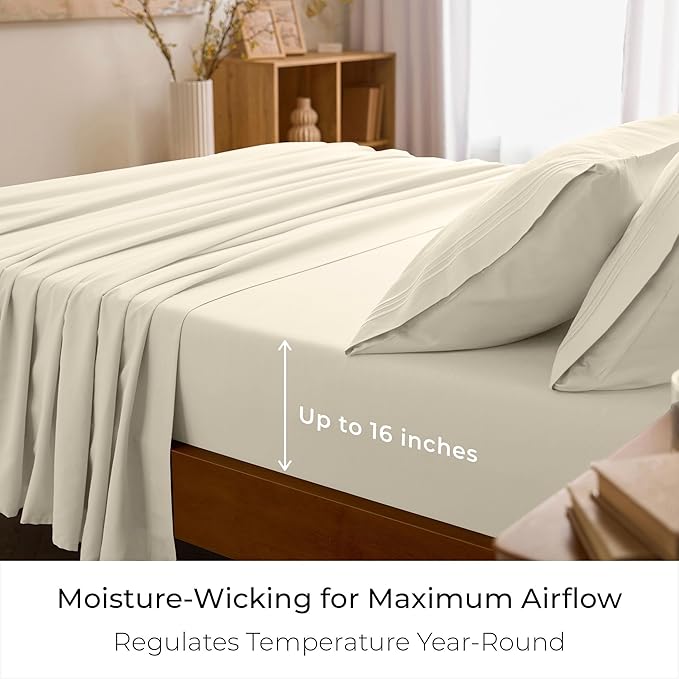 Mellanni King Sheet Set - 6-Piece Iconic Collection Bedding, (Including 4 Pillowcases), 16-Inch Deep Pocket, Easy Care, Extra Soft, Cooling Sheets, Brushed Microfiber - Golden Ivory