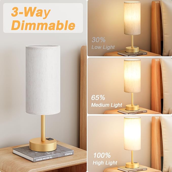 Dicoool Elegant Gold Touch Table Lamp, Modern Wedding Gift for Couples, Bedside Lamps with USB-C USB-A Charging Ports, 3 Way Dimmable Small Lamp for Office, Bathroom, Living Room，Christmas Gift