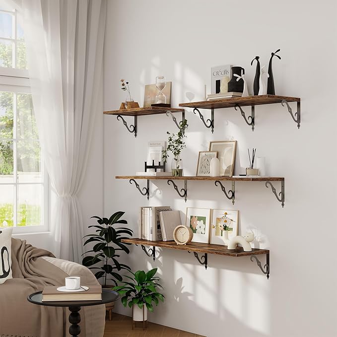 Dreamland Deep Floating Shelves, 31" W x 12" D Wall Shelves Set of 2, Wide Display Shelf Wall Mounted with Brackets, Bookshelf for Living Room, Bathroom, Bedroom, Rustic Brown