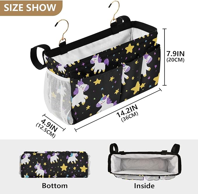 Bedside Caddy Hanging Bunk Bed Caddy Bed Organizer Hanging Pocket with 2 Hooks Bedside Storage Organizer Pocket Bag Holder Cute Unicorns Hearts Black