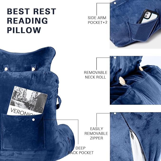 SLIGUY Reading Pillow-Extra Large 31" Bed Rest Pillow with Detachable Neck Roll & Arms for Sitting in Bed or Couch-Adult Backrest Reading Pillow for Reading/Watching TV/Gaming/Relaxing-Dark Blue