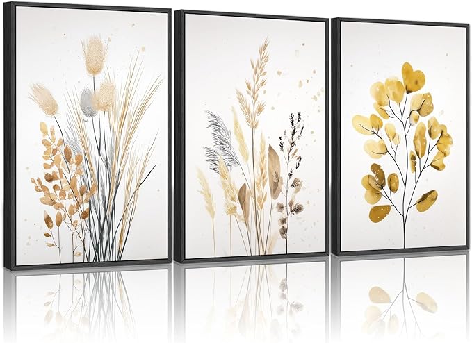 YCJKJDZ Framed Beige Botanical Canvas Wall Art Set of 3, Boho Watercolor Wildflower Pampas Grass Poster Neutral Leaf Art Fall Nature plant Prints for Living Room, Bedroom, Office, – 16x24 in
