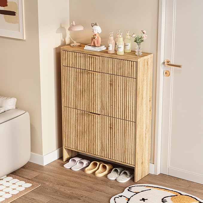 Fluted Shoe Cabinet Storage with 2 Flip Drawers & 1 Drawers, Wood Narrow Hidden Shoe Cabinet with Adjustable Shelf for Entryway, Freestanding Slim Shoe Rack Organizer for Foyer Hallway Living Room