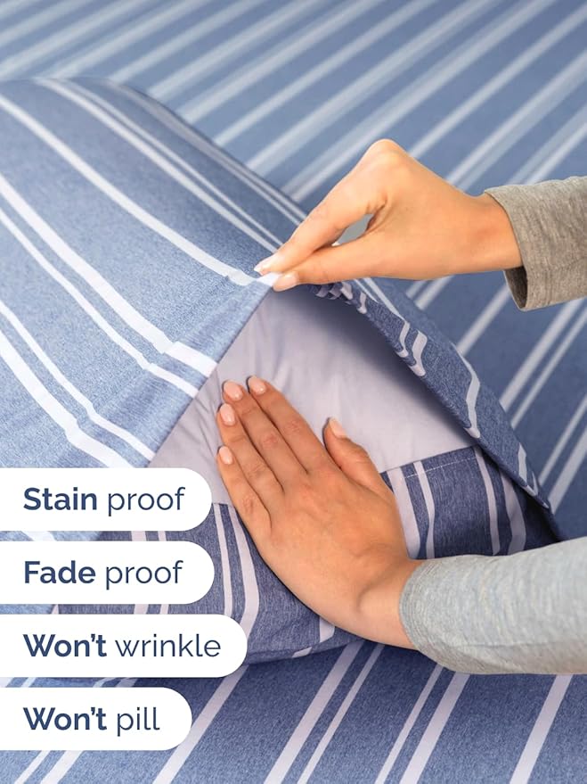 Extra Deep Split King Sheet Set - 7 Piece Breathable & Cooling Sheets - Hotel Luxury Bed Sheets Set - Easy Fit - Soft, Wrinkle Free & Comfy Sheets Set - Blue Striped Sheet Set w/Extra Deep Pockets