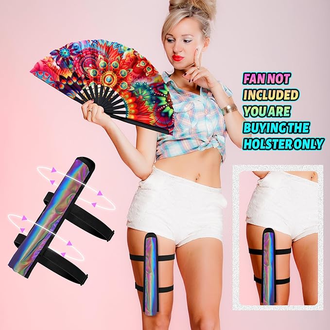 Summer Rave Fan Thigh Holster Rave Fan Holder Folding Hand Pouch Foldable Sleeves with Waist Belt for Thigh Party
