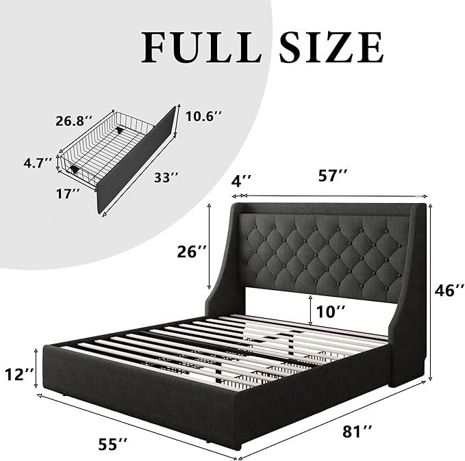 iPormis Full Size Bed Frame with 4 Storage Drawers, Upholstered Platform Bed Frame with Type-C & USB Ports, Wingback Storage Headboard, Solid Wood Slats, No Box Spring Needed, Dark Gray