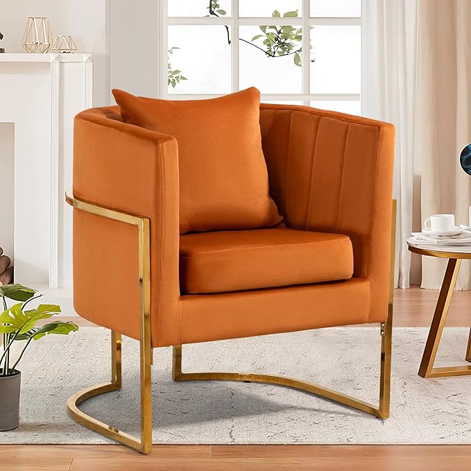 Velvet Modern Accent Chairs Set of 2, Upholstered Barrel Armchair Mid Century with Pillow for Living Room, Comfy Single Vanity Chair with Metal Gold Legs for Bedroom, Orange