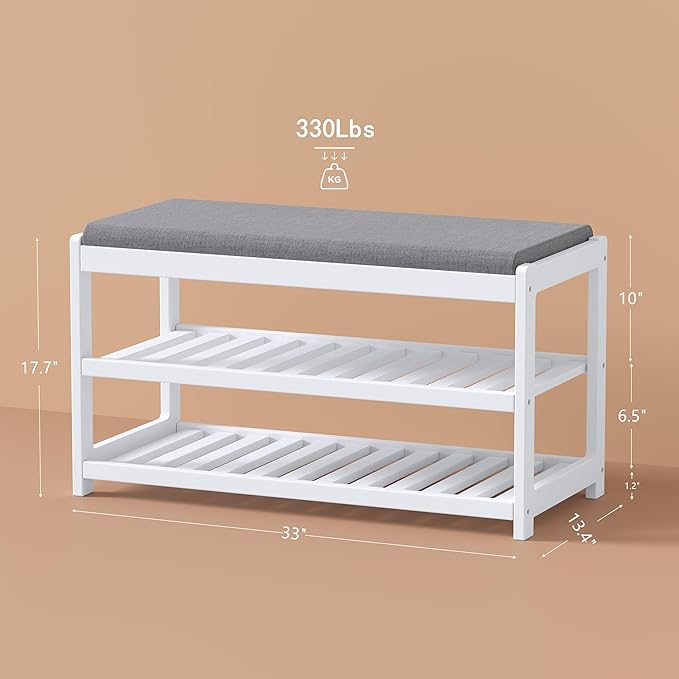 Shoe Bench Entryway, 100% Solid Solid Wood Shoe Rack Bench with Storage and Cushion Padded Seat, 3-Tier Shoe Organizer for Hallway Living Room, Mudrooms, White