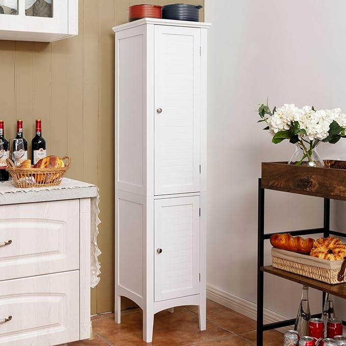 COSTWAY Tall Bathroom Storage Cabinet, 5-Tier Freestanding Linen Tower Cabinet with 2 Doors, Wooden Side Storage Organizer, Narrow Slim Floor Cabinet for Bathroom, Living Room, Kitchen (White)
