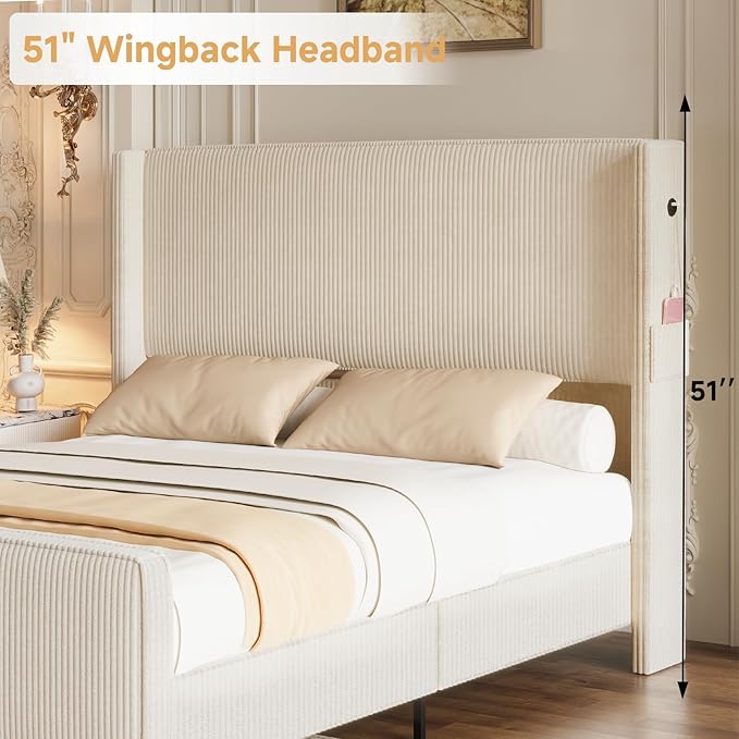 Queen Size Bed Frame with Headboard, Upholstered Platform Bed with Tall Wingback Headboard & Footboard, Corduroy Bed Frames with USB Ports, Easy Assembly, Beige