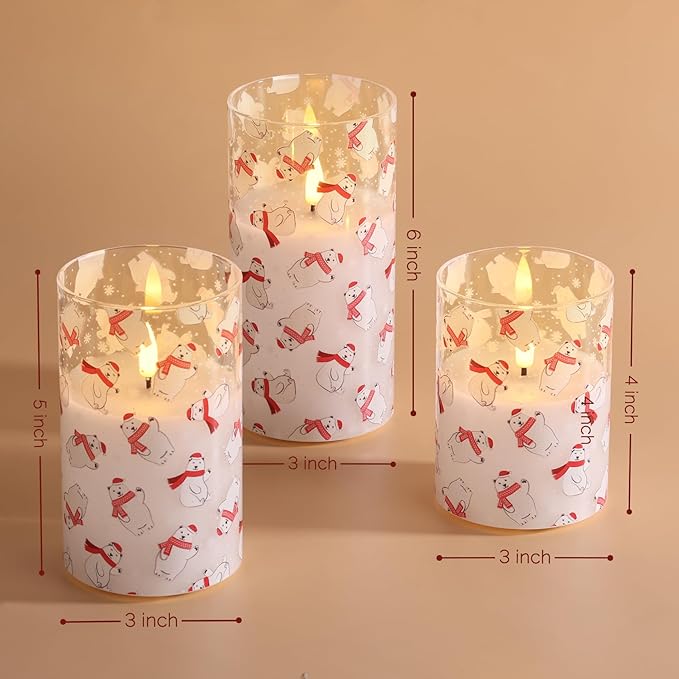 Eywamage Christmas Glass Flameless Pillar Candles with Remote, Flickering LED Battery Candles Bear Holiday Winter Table Decor Gift Set of 3