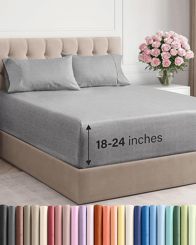 Extra Deep Twin Sheet Set - 4 Piece Breathable and Cooling Sheets - Hotel Luxury Bed Sheets Set - Easy Fit - Soft, Wrinkle Free and Comfy Sheets Set - Heathered Grey Sheet Set with Extra Deep Pockets