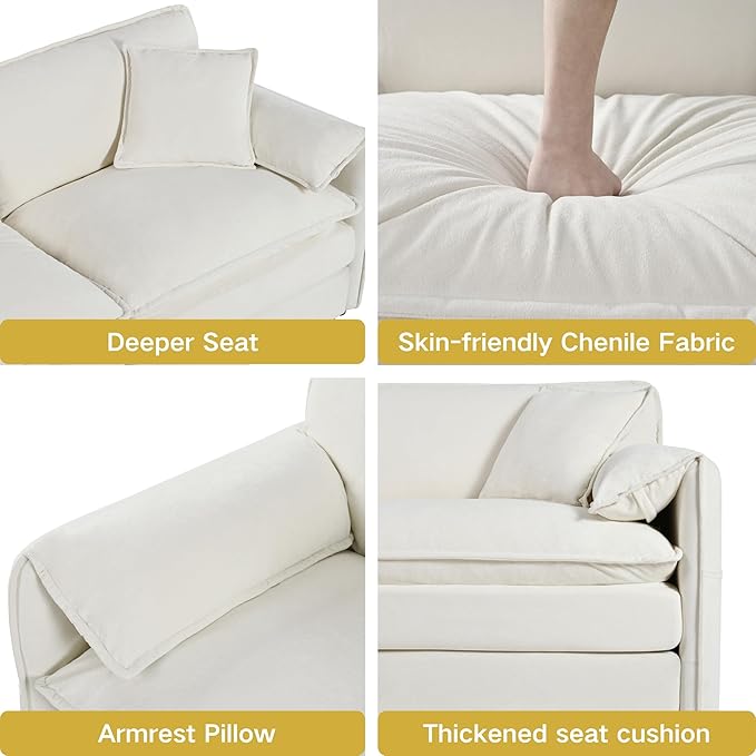 KEIKI Oversized Accent Chair Set of 2, Comfy Chenille Upholstered Armchairs with Side Storage Pockets, Deep Seat Reading Chairs for Living Room, Bedroom, Apartment, Beige