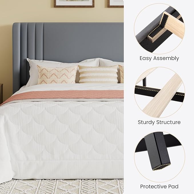 SHA CERLIN Queen Size Velvet Upholstered Platform Bed Frame with Vertical Channel Tufted Wingback Headboard, Wooden Slats Support, Easy Assembly, Under Bed Storage, No Box Spring Required, Grey