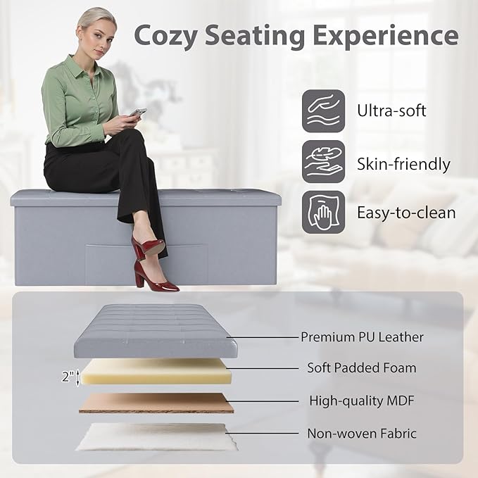 Giantex 43 Inches Folding Storage Ottoman Bench, Upholstered PU Leather Storage Chest with Side Pocket, Padded Seat, End of Bed Bench, Collapsible Ottoman Foot Rest for Living Room, Bedroom & Entryway