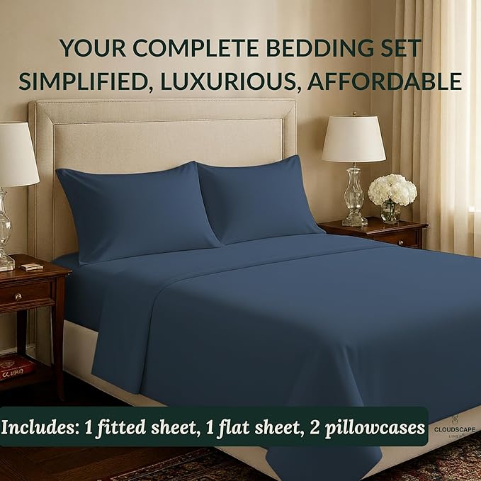 Cloud Scape Linen 100% Egyptian Cotton Sheets Full Size, 4 Pieces Luxury Bedding Set, 400 Thread Count,Hotel Quality, Silky Soft, Deep Pockets up to 17, Dark Denim