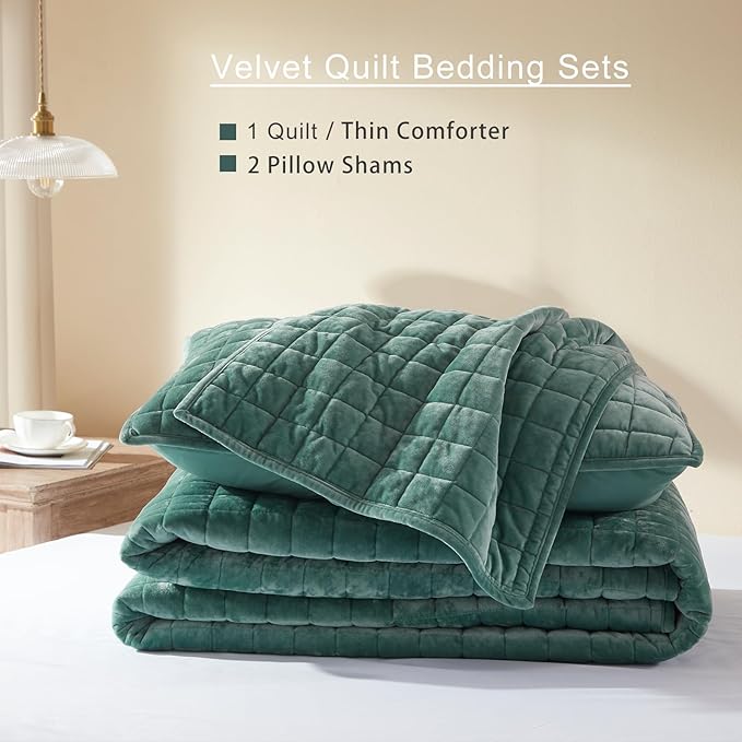 LEAONME Velvet Quilt Oversized California King-120''x120'', Lightweight Aqua Green Velvet Comforter Set with 2 Pillow Shams, Oversized Bedspread Coverlet Quilted Bedding Set for All Season