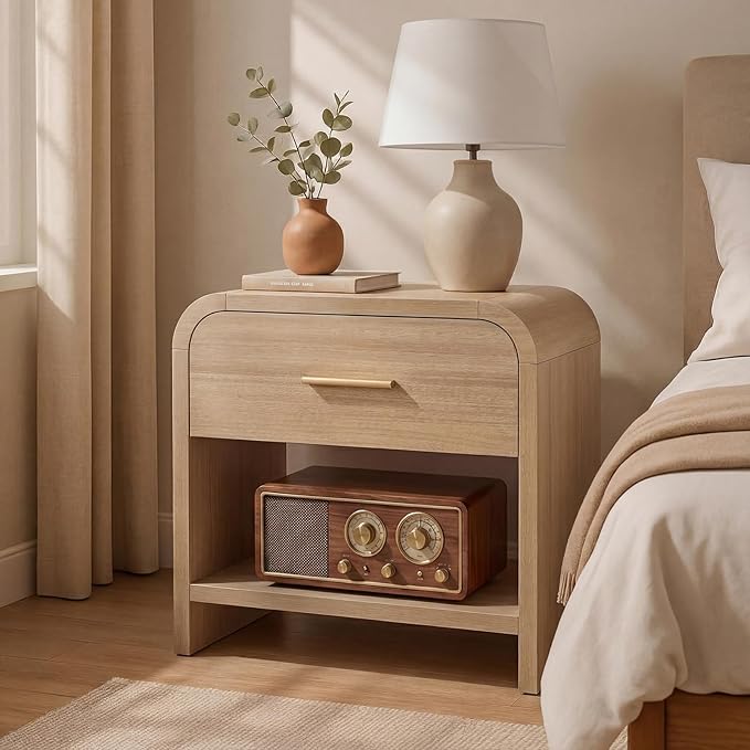 Night Stand [Unique Curved Profile] [FSC-Certified Wooden Board] 1-Drawer and 1 Storage Shelf Nightstand 24" H Metal Handle Modern Bedside Table Side Table End Table