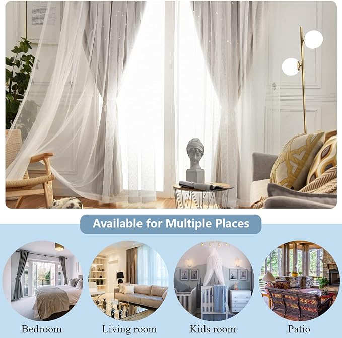 Stars Curtains Double Layer Curtains Blackout Curtains for Bedroom Kids Curtains Cute Curtains Kids Blackout Curtains, Curtains 72 Inches Long 2 Panels Set, Beige Curtains, 52 X 72 Inches