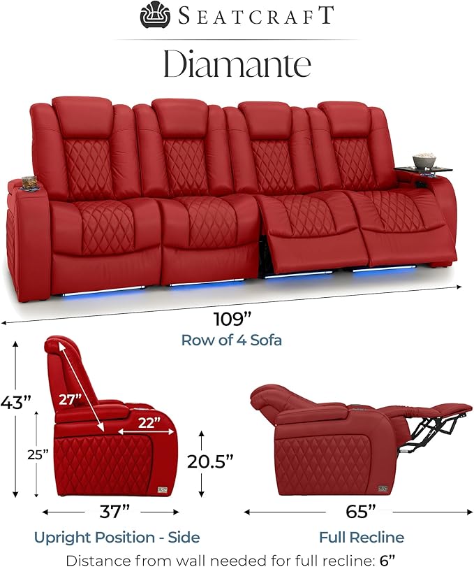 Seatcraft Diamante Zero-Gravity CoolZero Italian Leather Home Theater Seating, Power Headrest, Power Recline, Row of 4 Sofa, Red