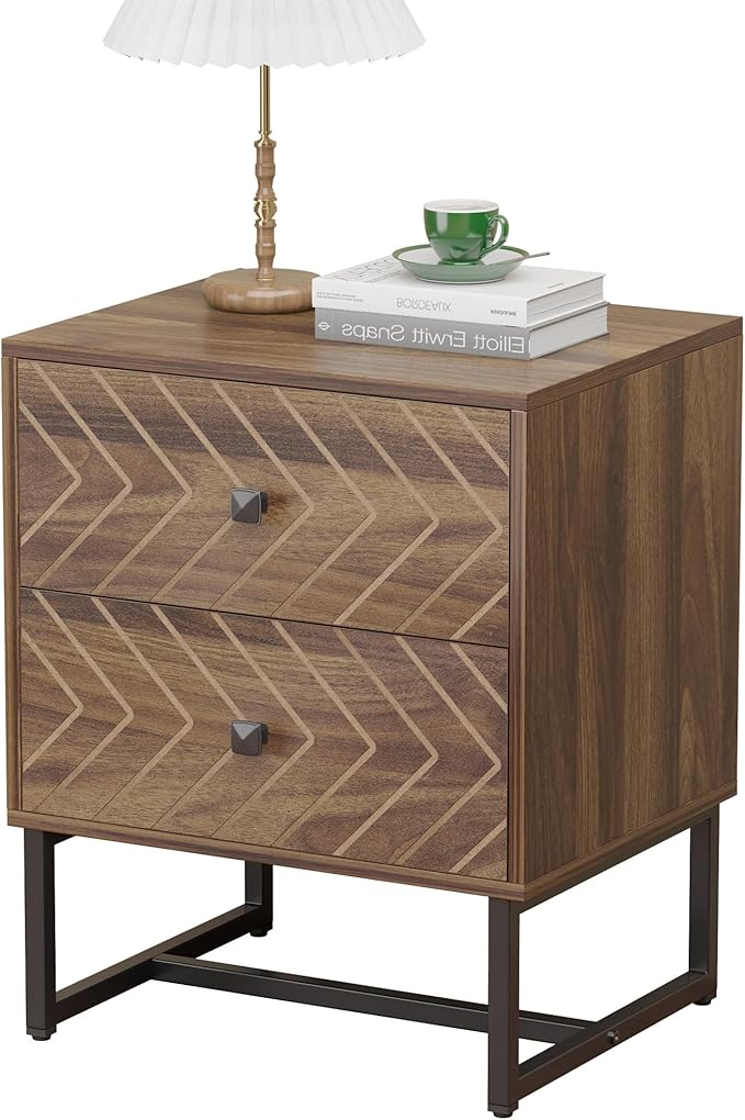 Modern Nightstand with Two Storable Drawers,Sturdy Bedside Table Space-Saving Night Stand with Black Metal Legs for Bedroom,Walnut