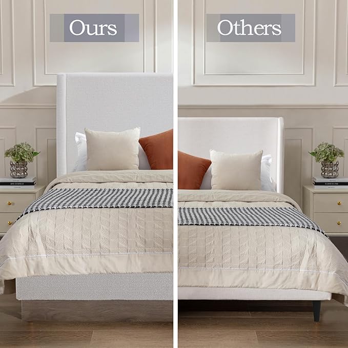 King Size Upholstered Platform Bed Frame, 53.1" Tall Headboard Hosford Wingback Bedframes, Wood Base Floor Beds, No Box Spring Needed, No Noise, Minimalist, Cream White Boucle