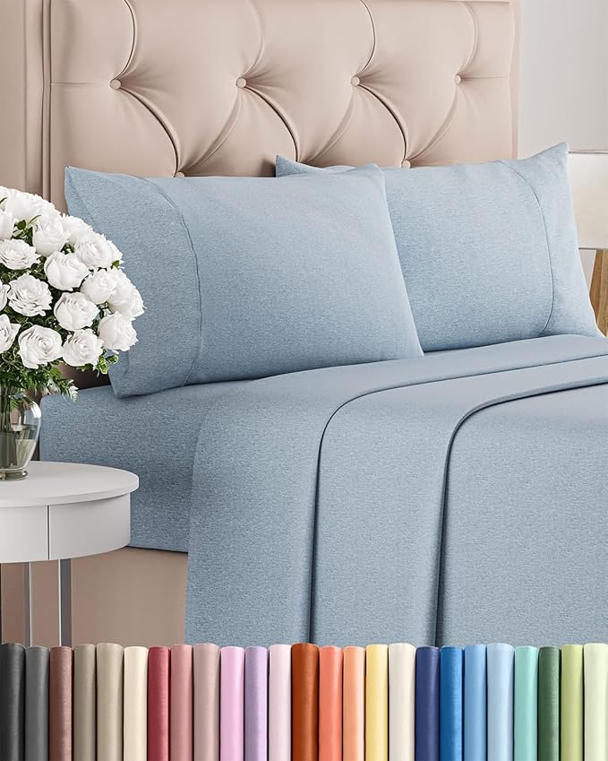 Twin 4 Piece Sheet Set - Cooling & Breathable - Hotel Luxury Bedding, Includes Fitted Sheet for Women, Men, Kids and Teens - 1 Flat, 1 Fitted Sheet, 2 Pillowcases with Deep Pockets - Heathered Blue