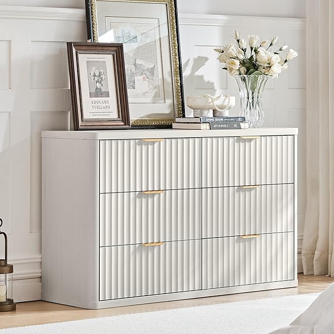 LEYAOYAO Fluted Dressers & Nightstand Set of 3, Wood 48" Wide Dresser & 42" Tall Chest of Drawers,Modern Bedroom Furniture Sets, Antique White Wooden Nightstand with 3 Drawers & Charging Station
