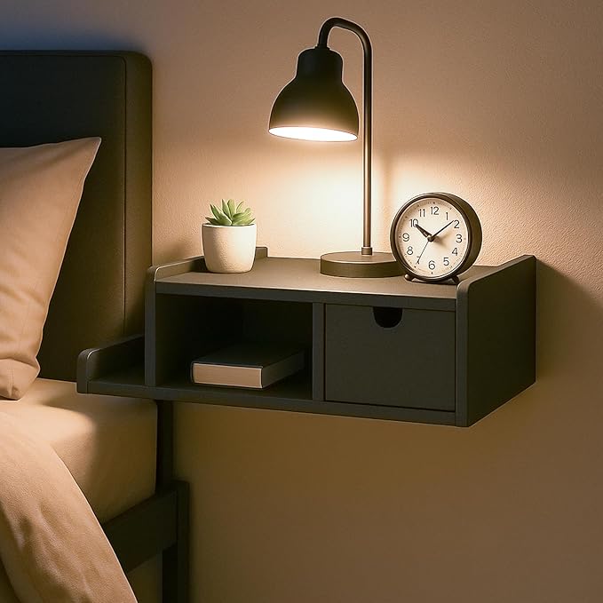 Floating Nightstand with Drawer & Shelf,Wall Mounted Bedside Table for Small Bedrooms,Modern Black End Table with Space Saving Design（Black）