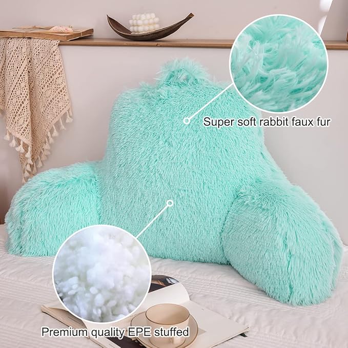 Holawakaka Standard Faux Fur Bed Rest Pillow with Arms,Shaggy Backrest Reading Pillows Perfect for Kids, Teens, Petites, Boys Girls Lumbar & Head Neck Coccyx Lower Back Support Cushion (Aqua)