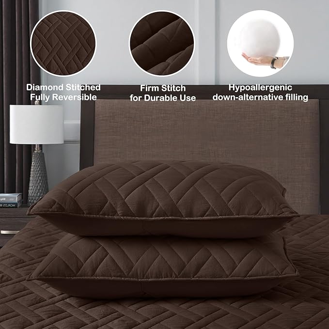 HORIMOTE HOME Quilt Set Queen Size Chocolate, Classic Geometric Diamond Stitched Pattern, Ultra Soft Microfiber Lightweight Bedding Bedspread Coverlet for All Season with 1 Quilt 2 Pillow Shams