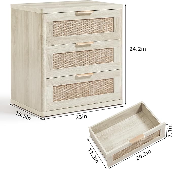 LEYAOYAO Boho Night Stands Set 2 with Storage, 23" Rattan Nightstand with 3 Drawers, Grey White Bed Side Table, Bedside End Tables for Bedroom, Living Room, Hallway