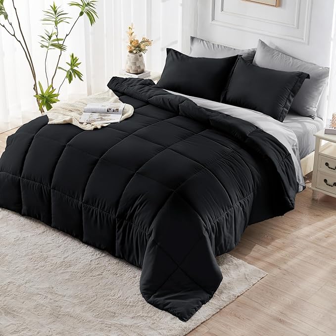 JOLLYVOGUE Twin XL Comforter Set, Ultra-Soft Bed in a Bag Twin XL Size 5 Pieces, Oeko-TEX Certified Bedding Set with Down Alternative Comforter, Sheets, Pillowcases & Shams, Black & Light Grey