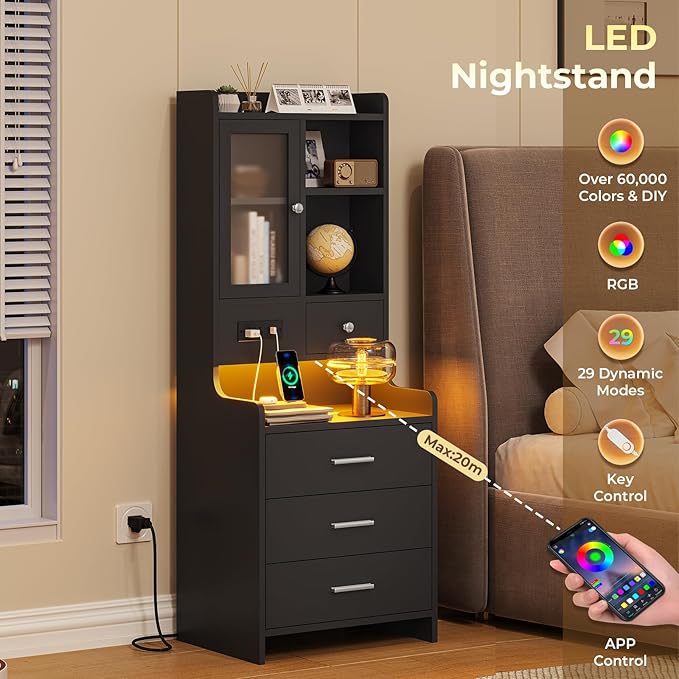 ADORNEVE Black Night Stand Set of 2 with Charging Station,49.2" LED Nightstand for Bedroom,Tall Bedside Table with Bookshelf and Drawers,Side Tables Bedroom,13.8" D x 17.7" W x 49.2" H