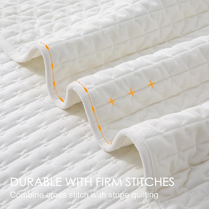 Powdion Velvet Quilt King Size,Bedspread Quilted Bedding Set, Luxurious Soft Coverlet Set Lightweight Velvet Comforter for All Season with 2 Pillow Shams, Striped Quilt Set, 96x106 Cream White