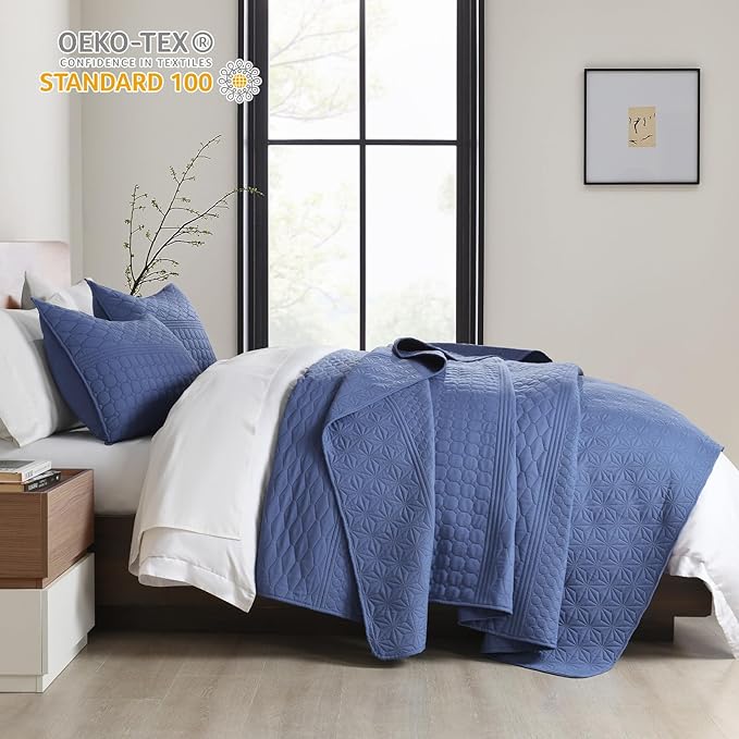 HORIMOTE HOME Denim Blue King Size Quilt Set - Soft Microfiber Bedspread with 2 Shams, Lightweight & All-Season Geometric Coverlet for Cozy Bedding